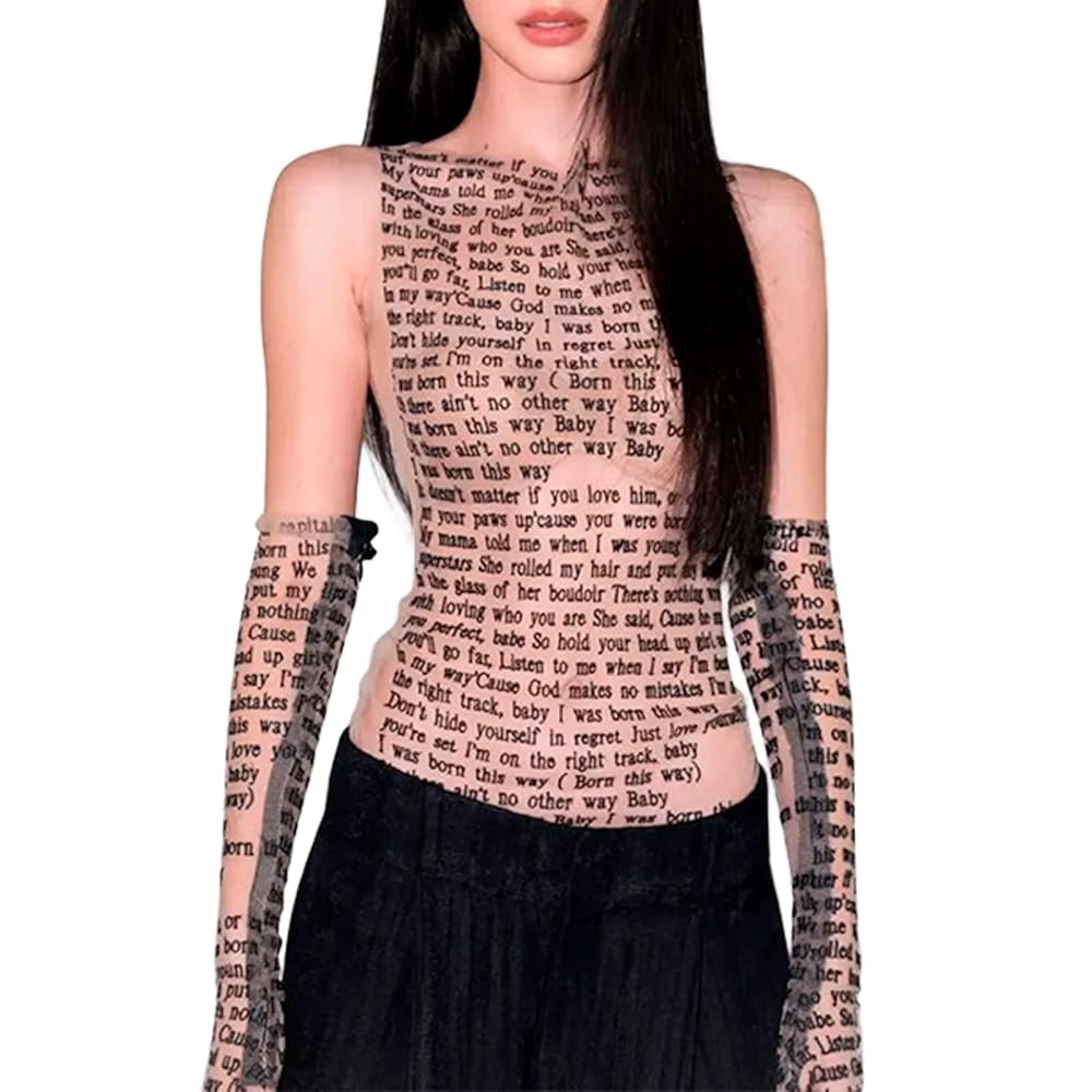 SHIPPOOOU Women Sexy Mesh See Through Letter Print Tank Top